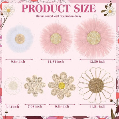 Chunful 7 Pcs Boho Wall Basket Decor Rattan Flower, Pink - color: Pink