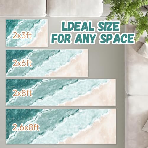 Beach Pattern 2.6x8ft Runner Rug Non Slip Washable Kitchen Runner Rug with Rubber Backing，Low-Pile Soft Washable Runner Rugs for Hallway Entryway Kitchen Bedroom Living Room Bathroom，Teal - color: Teal Beach, size: 2'6" x 8' (Rug)