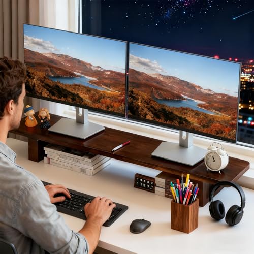Dual Monitor Stand Riser, 47Inch Solid Wood Desktop Organizer with Non-Slip Pads, Holder for 2 Monitors, Laptops, TV, PC, Printer, Walnut Finish
