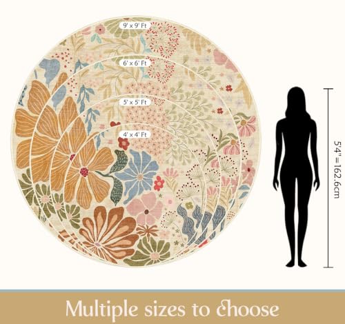 MUJOO Round Rug 4ft Small Circle Area Rug Washable Non Slip Floral Beige - color: Beige, size: 4' (Round)