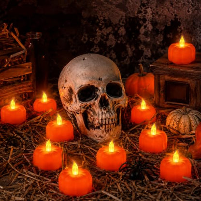 12 Pack Halloween Decorations Pumpkin Tea Lights Candles Battery Operated