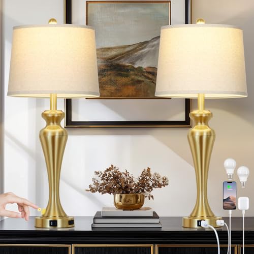 30" Gold Tall Table Lamps for Living Room, Touch Control Bedroom Lamp with USB A+C Ports and AC Outlet, 3-Way Dimmable Bedside Table Lamps Set of 2, Modern Metal Lamp for Nightstand - color: Gold