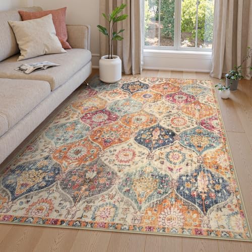 Lahome Moroccan Washable Rugs 5x7, Boho 5x7 Area Rugs for Living Room - color: Burnt Orange/Teal Multi, size: 5' X 7' (Rectangular)
