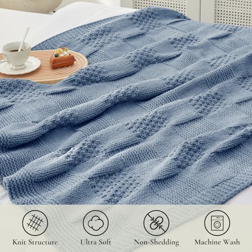 Amélie Home Checkered Knit Throw Blanket for Couch, Washed Blue, 50"x60" - color: Checkered Washed Blue, size: Checkered Knit 50"x60"