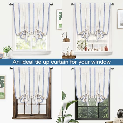 DriftAway Farmhouse Double Layer Linen Blackout Tie Up Curtains Thermal Insulated Vertical Striped Fully Lined Balloon Roman Shade Bathroom Window Adjustable Rod Pocket 31 Inch by 47 Inch Navy - color: Navy Blue, size: 31"W x 47"L (Pack of 1)