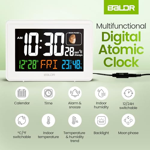 Baldr Digital Alarm Atomic Clock, 7'' Display with Adjustable Brightness - color: White