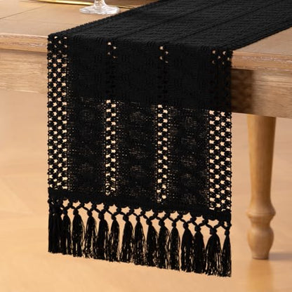 Boho Macrame Table Runner Black Burlap Small Dresser Runner - color: Black, size: 12" × 36"