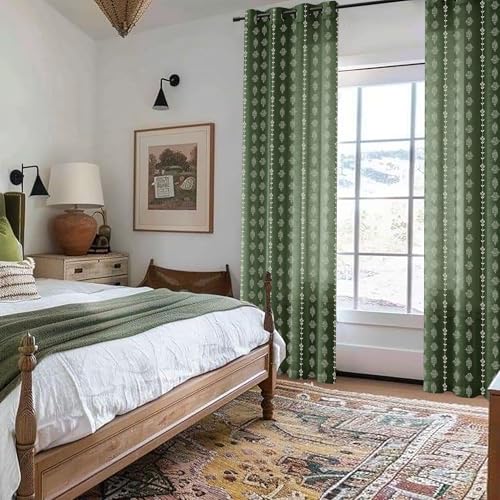 63 Inch Length Dark Green Boho Curtains 2 Panels Set, Semi Sheer Country Plaid Look Drapes for Living Room Bedroom Dining Room - color: Olive Green, size: 52"W x 63"L (Pack of 2)