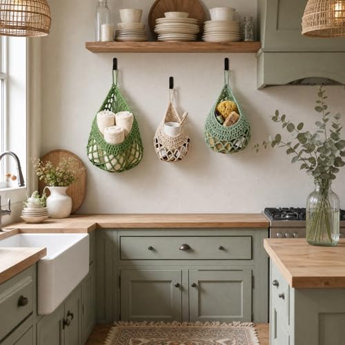 Honeydak 3 Hanging Baskets, Sage Green Mix, Open Mesh Teardrop - color: Sage Green Mix, style: Open Mesh Teardrop