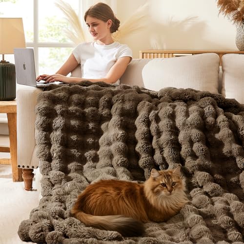 L'AGRATY Faux Rabbit Fur Throw Blanket for Couch, 60'' x 80'', Cocoa Brown - color: Cocoa Brown, size: 60" x 80"