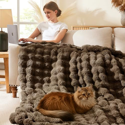 L'AGRATY Faux Rabbit Fur Throw Blanket for Couch, 60'' x 80'', Cocoa Brown - color: Cocoa Brown, size: 60" x 80"
