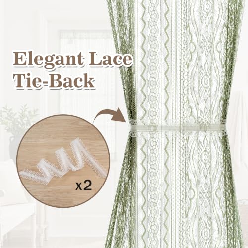 MYSKY HOME Sage Green Lace French Door Curtains 40 inch Long 2 Panels Boho Sheer Floral Curtains for Door Window Scalloped Doorway Sidelight Curtains Come with 2 Matching Tie-Backs, 26" W Each Panel - color: Sage Green, size: 26"W x 40"L (Pack of 2)