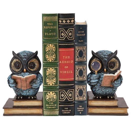 Owl Decorative Bookends for Shelves, Heavy Duty Resin Book Ends with Non-Slip Pads, Vintage Reading Owl Statues, Library Office Home Decor, Book Lover and Teacher Gifts