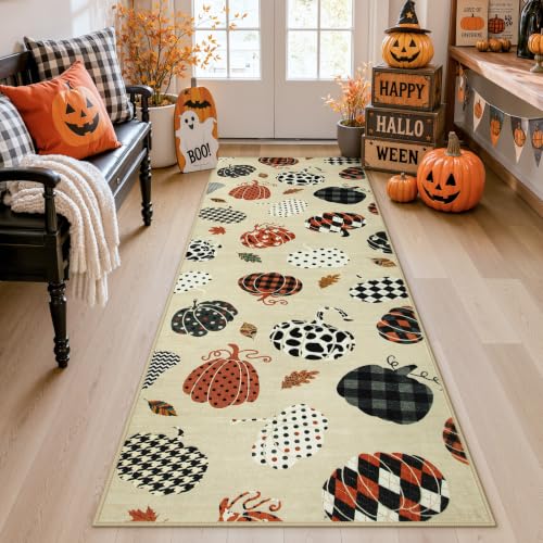 2x6 Beige Halloween Fall Pumpkin Print Hallway Runner Rug for Kitchen - color: Beige1 - Pumpkin, size: 2' x 6' (Rectangular)