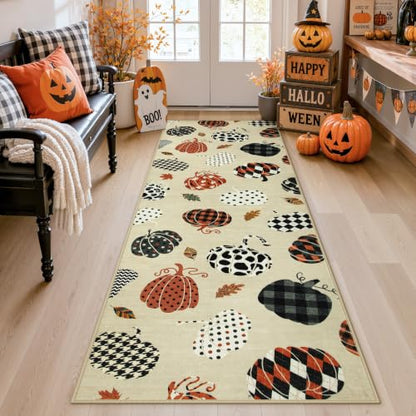 2x6 Beige Halloween Fall Pumpkin Print Hallway Runner Rug for Kitchen - color: Beige1 - Pumpkin, size: 2' x 6' (Rectangular)
