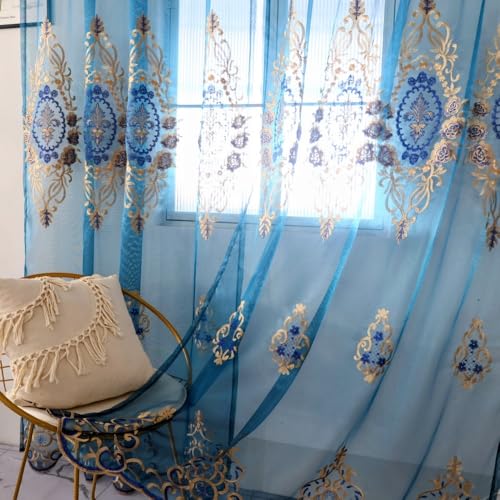 Amidoudou Rod Pocket Curtains European Luxury Sheer Embroidered Curtains for Living Room Bedroom (Blue,52" W x 90" L (Pack of 2)) - color: Blue, size: 52"W x 90"L (Pack of 2)