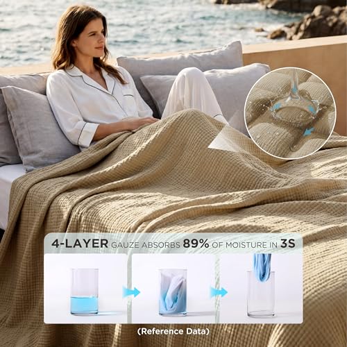 Bedsure 100% Cotton Muslin Blanket Queen Size for Bed, 4-Layer, Light Brown - color: 04 - Light Brown, size: Queen (90" X 90")
