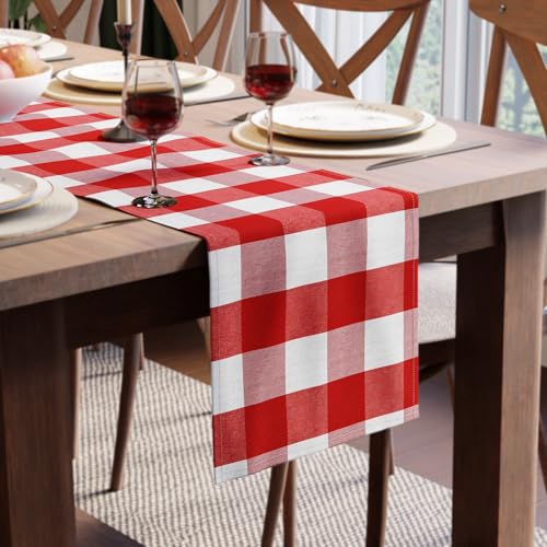 Encasa XO Table Runner, Woven Cotton Dining Linens 13"x72" Red - color: Buffalo Red Checks, size: 13x72 in