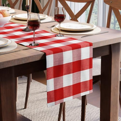 Encasa XO Table Runner, Woven Cotton Dining Linens 13"x72" Red - color: Buffalo Red Checks, size: 13x72 in
