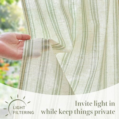 jinchan Linen Striped Tier Curtains for Kitchen Windows Farmhouse - color: Striped Green | on Beige, size: 26"W x 24"L (Pack of 2)