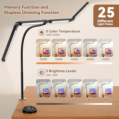 Pzloz Led Desk Lamps for Home Office - Eye Caring Architect Lamp with Clamp, Double Head Computer Monitor Work Desk Light with Remote Control: 24W Flexible Dimmable Desktop Table Lamp - color: Dark Black