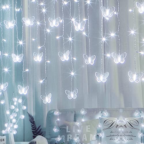 Butterfly Curtain Fairy Lights USB Plug in,120 LED 8 Modes 20FT Firefly Twinkle Icicle String Lights with Remote Timer Waterproof Copper Wire for Bedroom Patio Christmas Wedding Party Dorm(Cool White) - color: Cool White