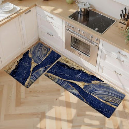 Kitchen Mats Set of 2, Cushioned Anti Fatigue Non Slip Waterproof Runner, Blue Marble and Golden Veins Design, PVC Memory Foam for Kitchen Sink and Laundry - color: Blue Marble 1
