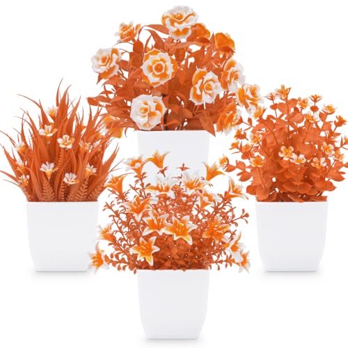 Der Rose 4 Pack Fall Fake Flowers Mums Artificial Plants in Pots Home Decor - color: Orange
