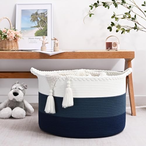 67L Large Woven Blanket Basket, Cotton Rope Baby Laundry Hamper with Handles, Kids Toy Basket for Classroom & Nursery, Soft Round Stuffed Animal Storage, Dog Toy Bin - 20"x13", Dark Blue - color: Dark Blue - W, size: Wide (20"D×13"H)