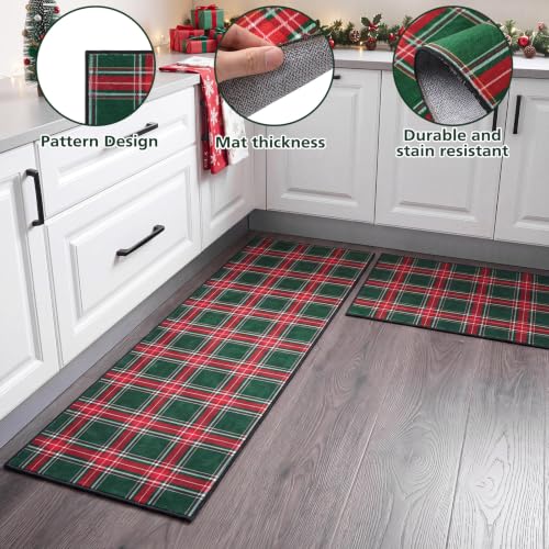 Dunzy 2 Pcs Red & Green Plaid Kitchen Mats Non-Slip Washable Runners - color: Red & Green