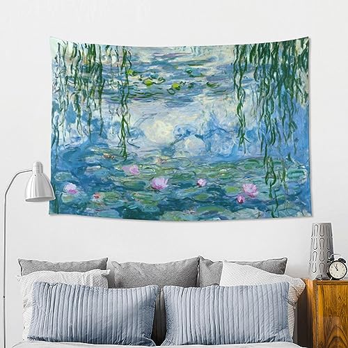 Mutakin Monet Water Lilies Tapestry Wall Hanging Aesthetic For Bedroom Living Room Dorm 60 x 40 in - color: Black3