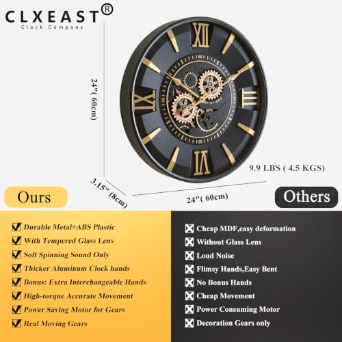 CLXEAST Mid Century Modern Black Gold 24 Inch Wall Clock with Moving Gears - color: Mid Century Modern Black/Gold, size: 24 Inch