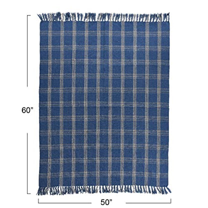 Creative Co-Op Recycled Cotton Blend Throw Blanket with Fringe, Blue Plaid (Pack of 4) - color: Blue, size: One Size (Pack of 4)