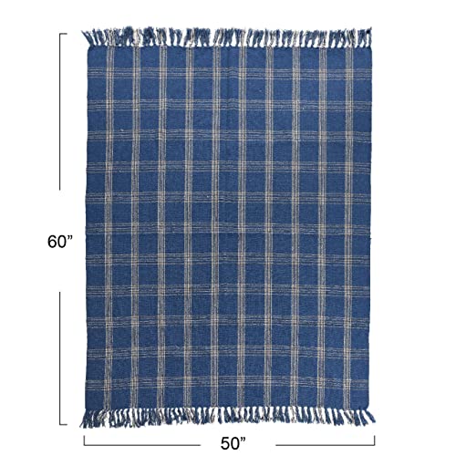 Creative Co-Op Recycled Cotton Blend Throw Blanket with Fringe, Blue Plaid (Pack of 4) - color: Blue, size: One Size (Pack of 4)