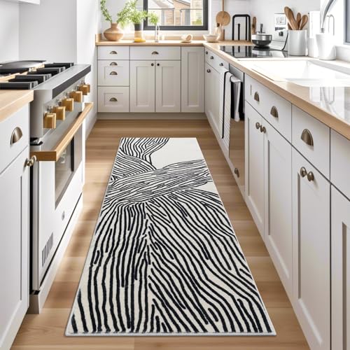 2x6 Washable Runner Rug for Hallway, Black and Cream White Modern Abstract - color: Modern Lines Beige, size: 2' x 6' (Rectangular)
