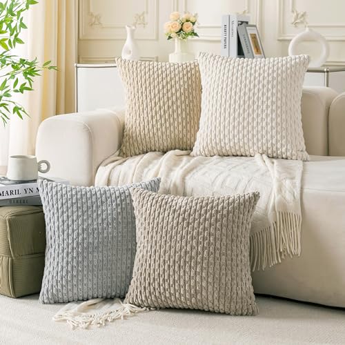 Set of 4 Neutral Decorative Throw Pillow Covers 18x18 Inch Corduroy Pillow Covers for Bed Couch Sofa Living Room Soft Square Cushion Cases - color: Neutral, size: 18" x 18" (Pack of 4)