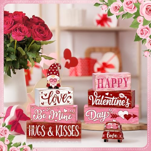 Britimes Tray Block Signs Set, 8Pack, Wooden, Home Kitchen, Valentines Day - style: Pink Gnome Valentine's Day