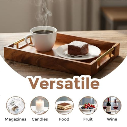 Wooden Serving Tray with Gold Metal Handles, 11.8" x 7.87" Rectangular