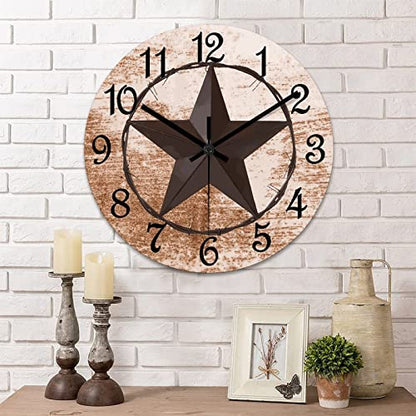 Round Farmhouse Wall Clock Western Texas Star Classic Style Wood Clock Quiet Non-Ticking Battery Operated with Large Numbers Retro Wall Hanging Desk Clock for Living Room Home Home 12 Inch - color: Style-3, size: 12in