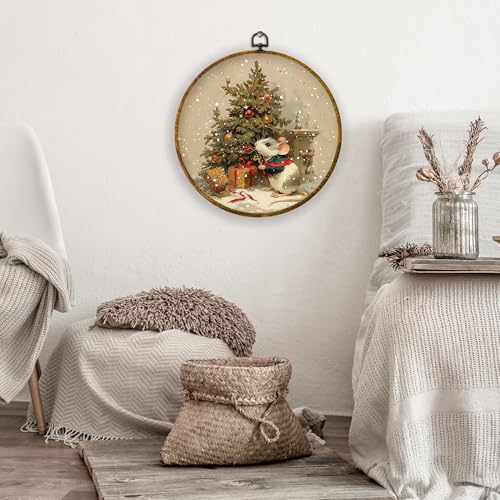 XPH Vintage Christmas Mouse Round Wall Art Framed, Retro Christmas Tree Rat Circle Wall Decor, Cozy Winter Xmas Animal Hanging Canvas Prints for Home Bedroom Living Room Decoration, 10x10 Inch - color: Christmas 05