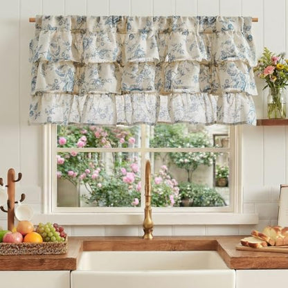 jinchan Amlie Ruffled Floral Valance Curtain 1 Panel 18 Inch Blue on Linen - color: Amlie Blue on Linen