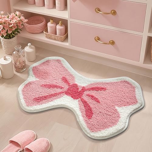 Absorbent Pink Bow Bath Rug, Extra Thick Bathroom Mat, Non-Slip Mat for Girls Bedroom, Machine Washable, Pink Cherry Butterfly, 20" X 31" - color: Pink Cherry Butterfly, size: 1'8" x 2'7" (Rectangular)