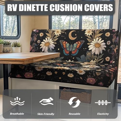 Butterfly Daisy Moon RV Dinette Cushion Covers 2 Pcs Waterproof Camper Cushion Slipcover Stretch Sofa Furniture Protector Include1 Backrest Covers and 1 Bench Covers - color: Butterfly Daisy Moon