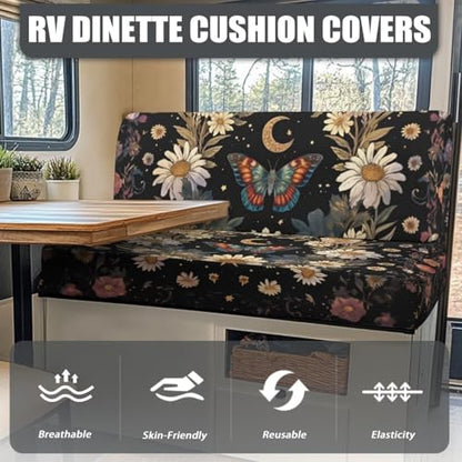 Butterfly Daisy Moon RV Dinette Cushion Covers 2 Pcs Waterproof Camper Cushion Slipcover Stretch Sofa Furniture Protector Include1 Backrest Covers and 1 Bench Covers - color: Butterfly Daisy Moon