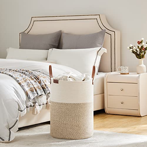 VIPOSCO 53L Tall Woven Rope Laundry Hamper, Leather Handles, White & Brown - color: Brown, size: 53L