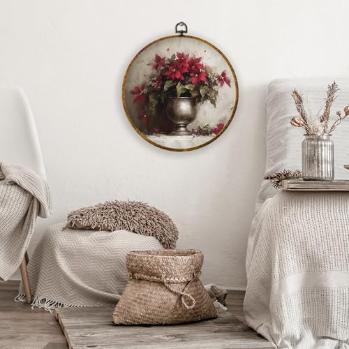 XPH Christmas Poinsettia Round Wall Art Framed, Christmas Floral Circle Wall Decor, Rustic Botanical Flower Xmas Hanging Canvas Prints for Home Bedroom Living Room Decoration, 10x10 Inch - color: Christmas 31