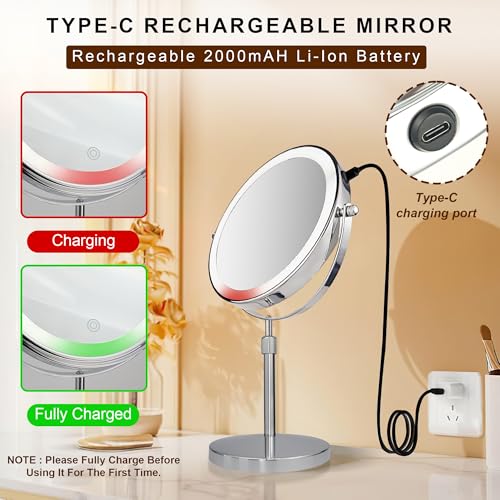 JANEEVA 10X Lighted Makeup Mirror with 3 Lighting Modes, 8" Dimmable Lights Height Adjustable Vanity Mirror with Lights, Rechargeable Double Sided 1X 10X Magnifying Mirror, 360°Rotation,Chrome