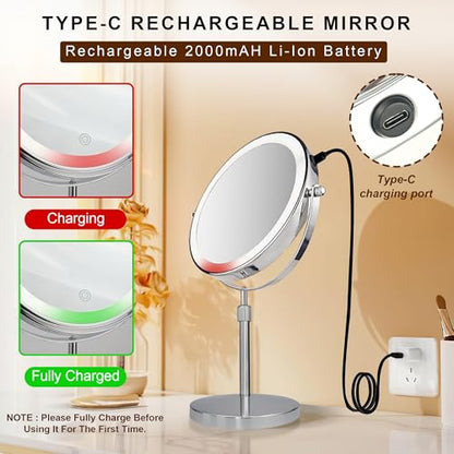 JANEEVA 10X Lighted Makeup Mirror with 3 Lighting Modes, 8" Dimmable Lights Height Adjustable Vanity Mirror with Lights, Rechargeable Double Sided 1X 10X Magnifying Mirror, 360°Rotation,Chrome