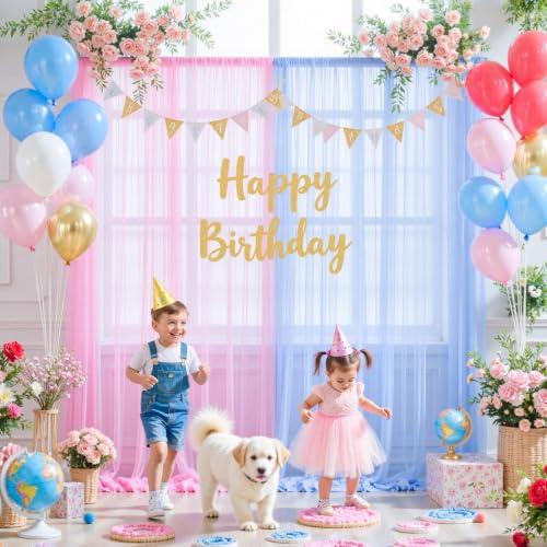 Pink and Blue Tulle Backdrop Curtains for Gender Reveal Girl and Boy Party Sheer Backdrop Drapes for Baby Shower Birthday Party Photoshoot Background Decorations 2 Panels 5ft X 10 ft - color: Pink and Blue, size: 10FT X 10FT(2 Panels W5ft X H10ft)