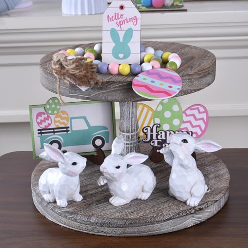 Easter Bunny Figurines, 3PCS White Resin Rabbit Decor with Hand-Carved Texture, Cute Easter Bunnies Collectables for Home Spring Tabletop Centerpiece, Tiered Tray, Shelf (White)